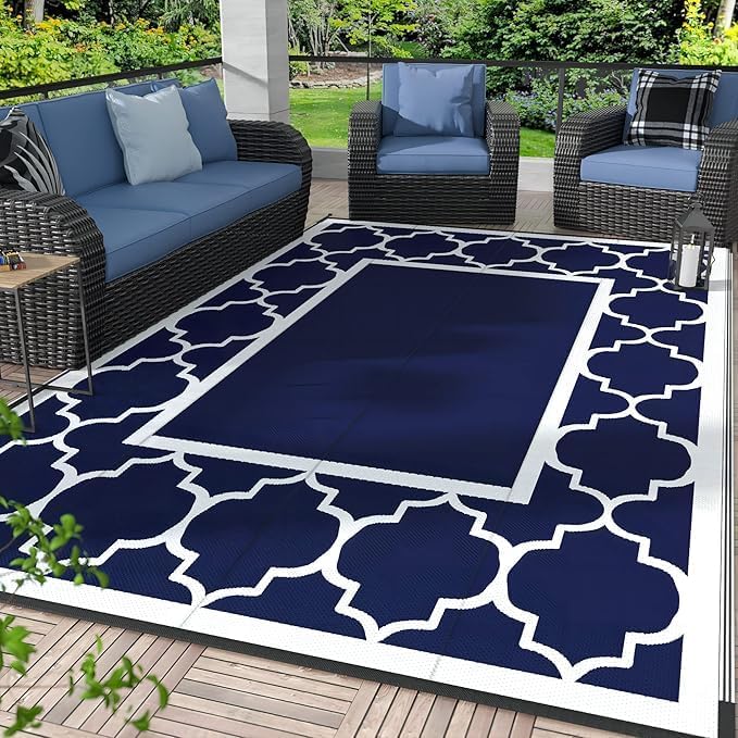GENIMO Outdoor Rug Waterproof for Patio Decor, 5'x8' Reversible Plastic Straw Rug Carpet, Camping Mats for Outdoor, RV, Backyard, Deck, Balcony, Picnic, Blue & White-HomvellaHome