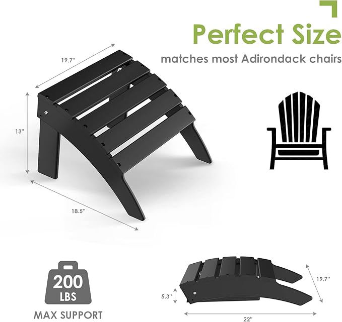 GREENVINES Adirondack-Ottoman | Set of 2 | HDPE Plastic | Outdoor Footrest | All Weather | Foot Rest | Foot Stool | Black | for Adirondack Chair | for Patio Backyard Pool-HomvellaHome