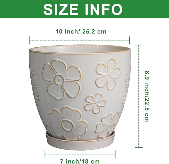 10 Inch Ceramic Planter Pot Large Plant Pot for Indoor Plants Outdoor Round Flower Pot with Drainage Hole and Saucer for Home Garden Decor White-HomvellaHome