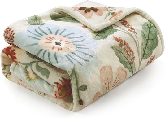 Lahome Floral Beige Soft Throw Blanket for Bed，Spring Botanical Aesthetic Blankets for Women Cute, Thick Warm Cozy Throws for Girls Sofa Chair Home Decor, Beige 50''x60''