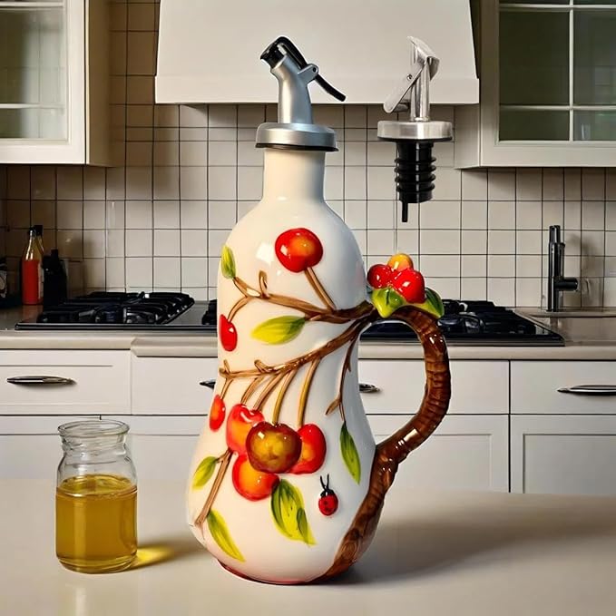 18 Oz Hand Painted Relief Ceramic Olive Oil Bottle Dispenser for Kitchen, Oil and Vinegar Bottle, Seasoning Bottle with Stainless Steel Nozzle, 540mL Oil Container with Handle for Cooking, Light Proof-HomvellaHome