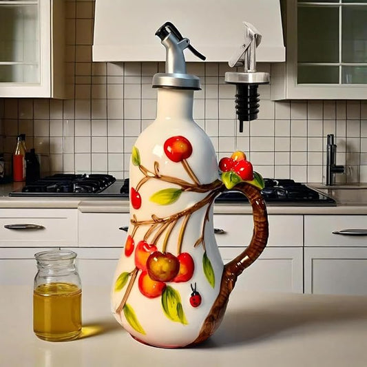 18 Oz Hand Painted Relief Ceramic Olive Oil Bottle Dispenser for Kitchen, Oil and Vinegar Bottle, Seasoning Bottle with Stainless Steel Nozzle, 540mL Oil Container with Handle for Cooking, Light Proof-HomvellaHome