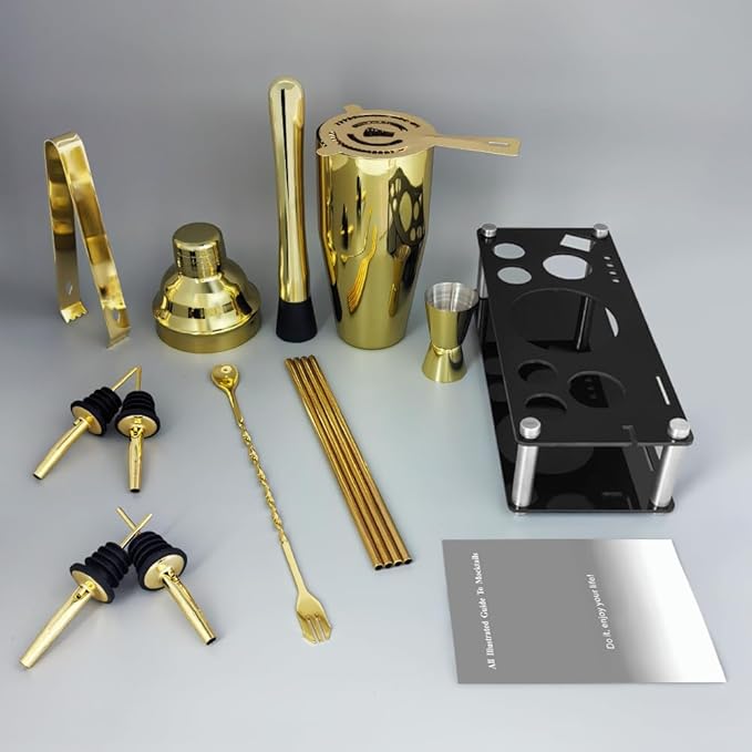 14-Piece Cocktail Shaker Set Bartender Kit with Black Stand, Bar Tool Set for Drink Mixing Bartending Kit Bar Sets Accessories: 750ml(25oz) Shaker, Jigger, Muddler, Cocktail Recipes (Gold)-HomvellaHome