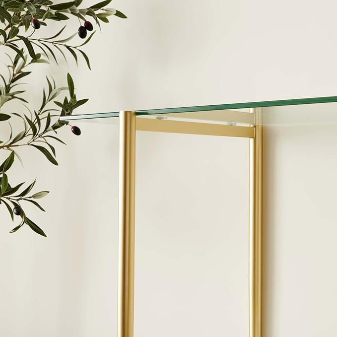 Glass Console Table for Living Room, Foyer & Entrance, 2-Tiers Mid-Century Modern Sofa Table with Clear Glass Top, White Marble Finish Wood Shelf and Gold Finish Frame-HomvellaHome