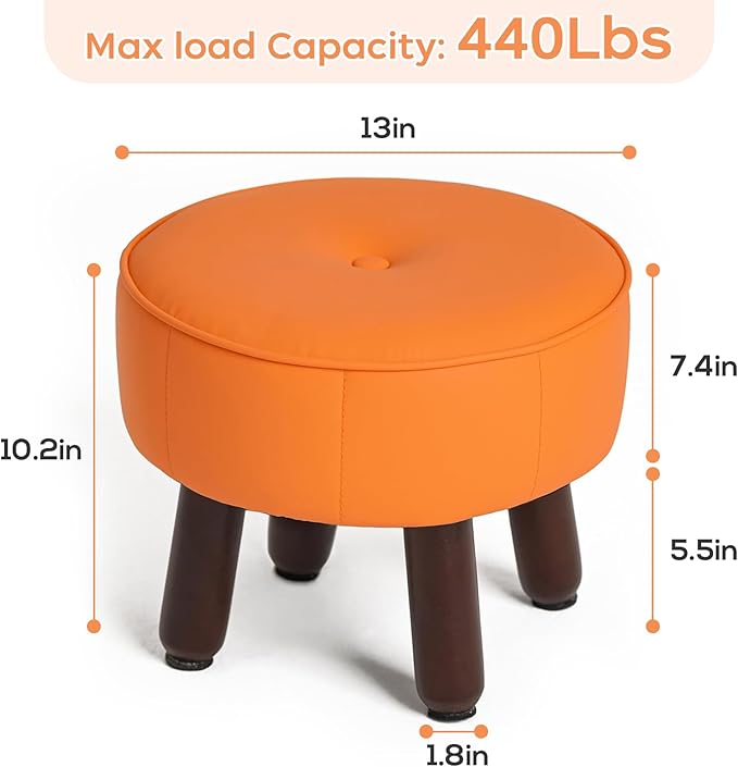 13in Small Foot Stool Ottoman, Round Faux Leather Foot Rest for Couch, Under Desk Pouf Footstool Footrest with Non-Skid Rubber Legs for Ling Room, Bedroom, 13''L x 13''W x 10.2''H, Orange-HomvellaHome