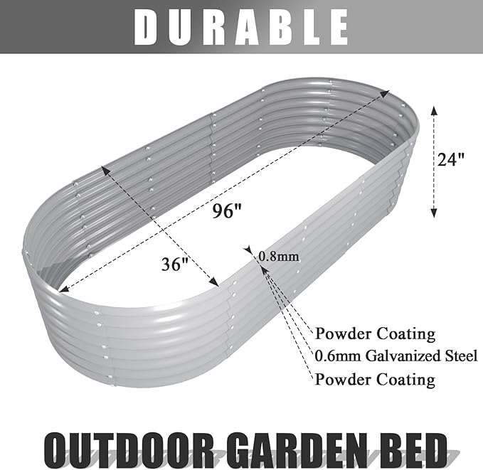 1 Pack 8x3x2FT Galvanized Raised Garden Bed Kit Oval Metal Ground Planter Box Outdoor Bottomless Planter Raised Beds for Vegetables Flowers Herbs Fruits, Gray-HomvellaHome