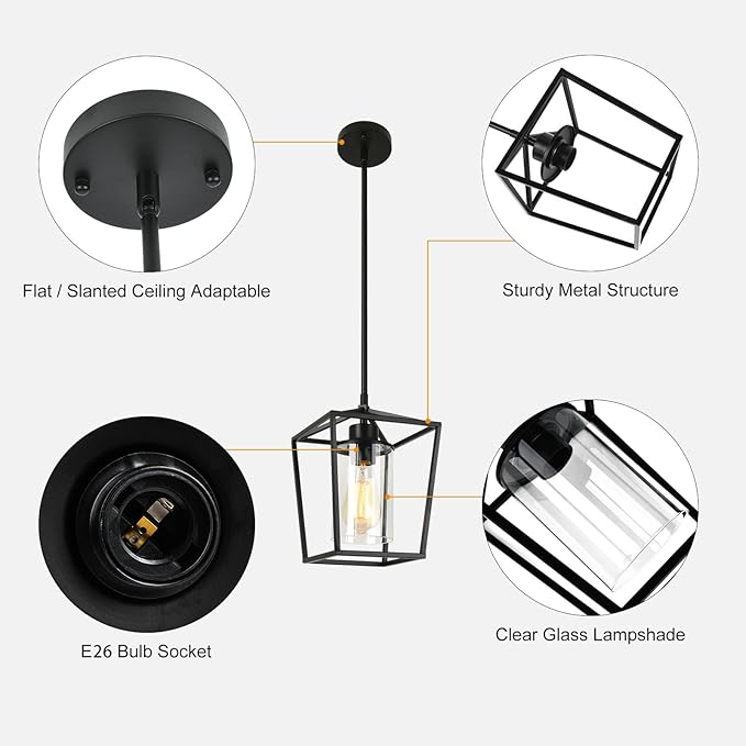 1-Light Black Pendant Light Fixture Farmhouse Iron Cage Metal Pendant Light Lantern Hanging Light Fixtures with Clear Glass Shade for Kitchen Island, Entryway, Dining Room, Hallway 5.9*5.9*8.27IN-HomvellaHome