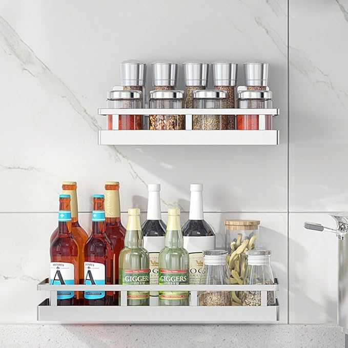 19.69Inch Spice Rack Organizer, SUS304 Stainless Steel Wall Mount Spice Rack Storage Basket, Kitchen Racks, Nail-Free Installation-HomvellaHome