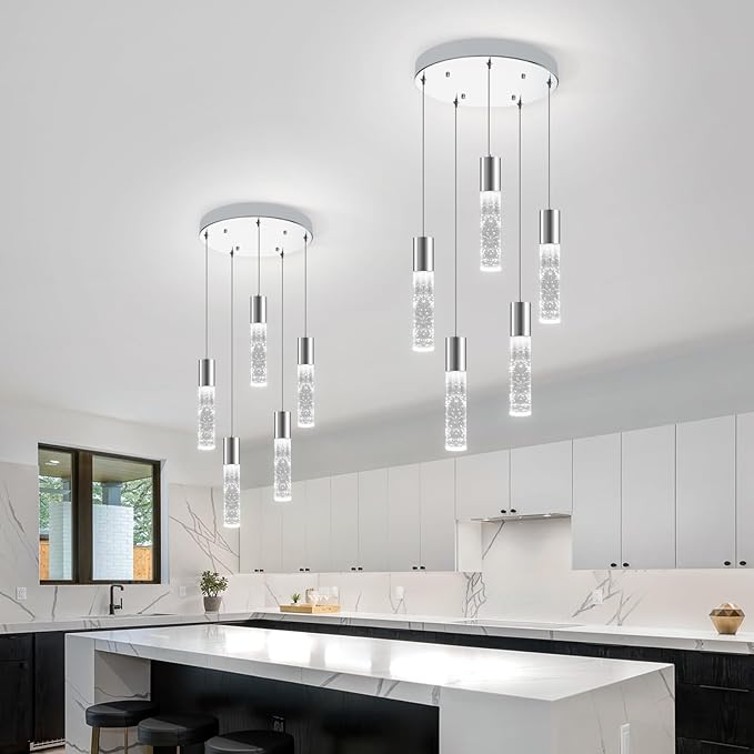 OKELI Smart Dimmable LED 5-Light Pendant Light for Kitchen Island, 18W 1350LM Modern Bubble Crystal Island Light Fixture with TUYA App & Voice Control, Adjustable 3000K-6000K, Electro-Chrome-HomvellaHome