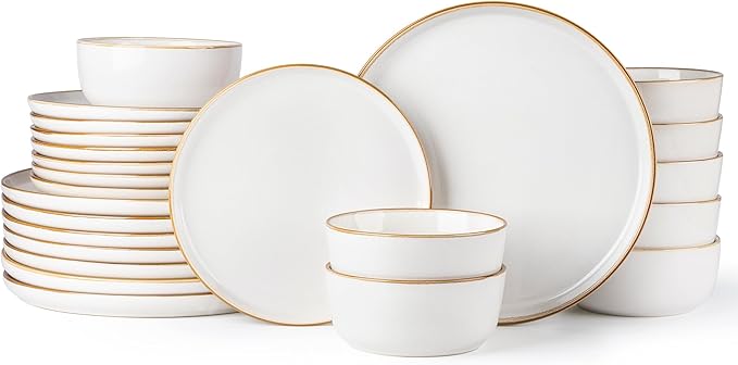 GBHOME Ceramic Dinnerware Sets for 8, 24 Pieces Stoneware Plates and Bowls Sets, Scratch Resistant Dishes, Dishwasher & Microwave Safe, Reactive Glaze-Pearl White-HomvellaHome
