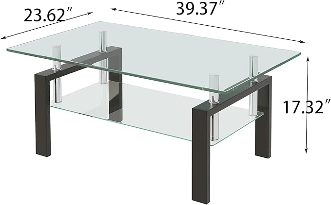 Glass Coffee Table Rectangle Living Room Center Table, with Tempered Glass Tabletop Black Metal Leg,for Living Room and Office (Dou-Clear Glass)-HomvellaHome