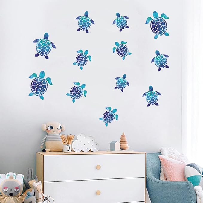 12pcs Sea Turtle Vinyl Stickers Underwater Ocean Decals Waterproof Wall Sticker Home and Bedroom Decoration, DIY Accessories, Blue-HomvellaHome