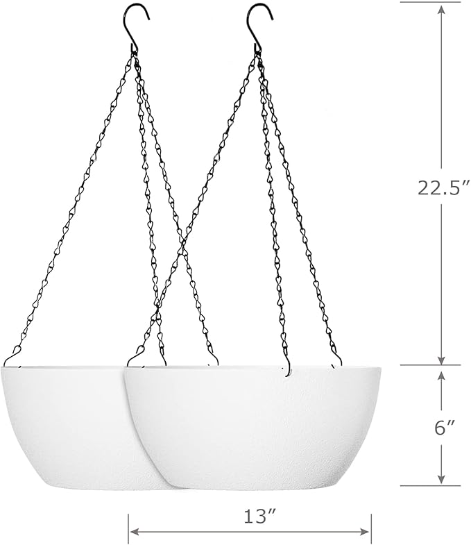 13 inch Large Hanging Planters Plant Pots for Outdoor Indoor Plants with Drainage Holes and Chain, 2 Pack Round Hanging Flower Pots for Garden Home Porch Decor, White-HomvellaHome