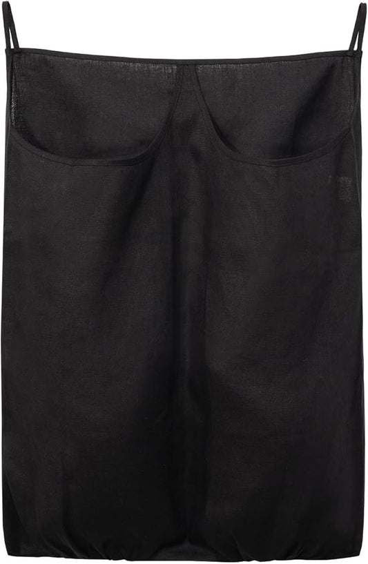 100% Pure Linen Dual Hanging Laundry Bag with 2 Deep Pocket and 2 Side Zipper 20x27in, Over The Door Laundry Hamper Space Saving Hampers for Dirty Clothes Home Travel, Black-HomvellaHome