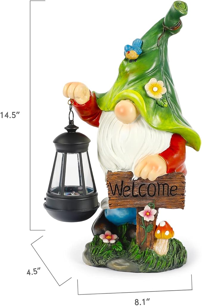 Garden Gnome Statue, Resin Figurine with Bright Solar Lantern Lights and Welcome Sign, Outdoor Solar-Powered Illumination Yard Art Decorations for Indoor Outdoor Patio Lawn Garden Room-HomvellaHome