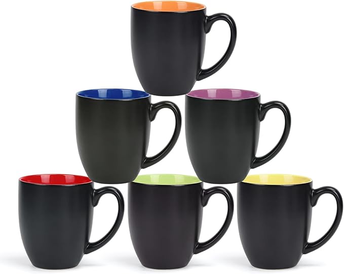 16 OZ Stoneware Coffee Mug Set of 6, Black Ceramic Mug with Different Color Inside, Colorful Porcelain Mug with Handle for Latte Espresso Cappuccino-HomvellaHome