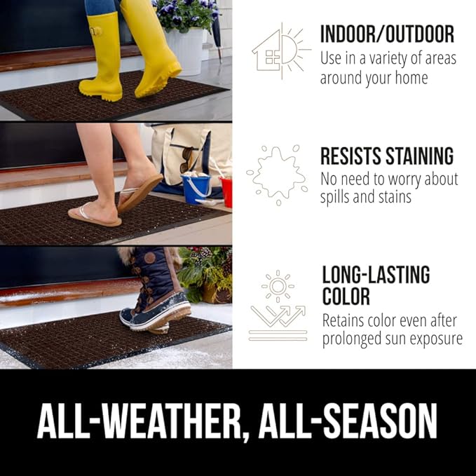 GORILLA GRIP 100% Waterproof All-Season WeatherMax Doormat, 34x58, US Designed Natural Rubber, Stain and Fade Resistant, Low Profile Indoor Outdoor Door Mats, Easy Clean Patio Mat, Coffee Squares-HomvellaHome