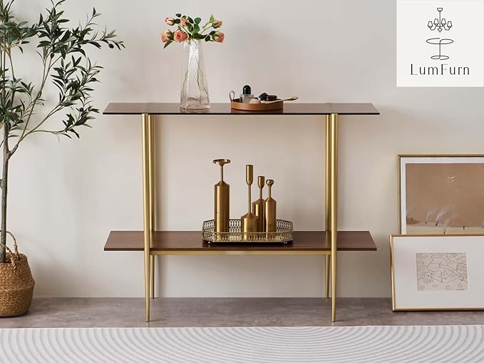 Glass Console Table for Living Room, Foyer & Entrance, 2-Tiers Mid-Century Modern Sofa Table with Amber Glass Top, Walnut Finish Wood Shelf and Gold Finish Frame-HomvellaHome