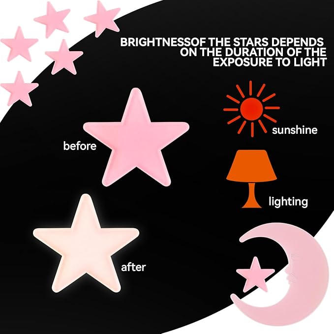 100 Stars and 1 Moon Glow in The Dark Luminous Fluorescent 3D Plastic Glow Stars Moon for Ceiling, Glowing Wall Stickers Create a Realistic Starry Sky, Room Decorations (Pink)-HomvellaHome