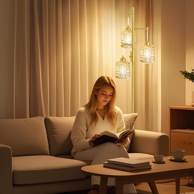 Gold Floor Lamp for Living Room Bedroom, 3-Light Vintage Standing Lamp Stained Glass, Mid Century Modern Tall Floor Lights, Amber Glass Shade with Golden Base-HomvellaHome