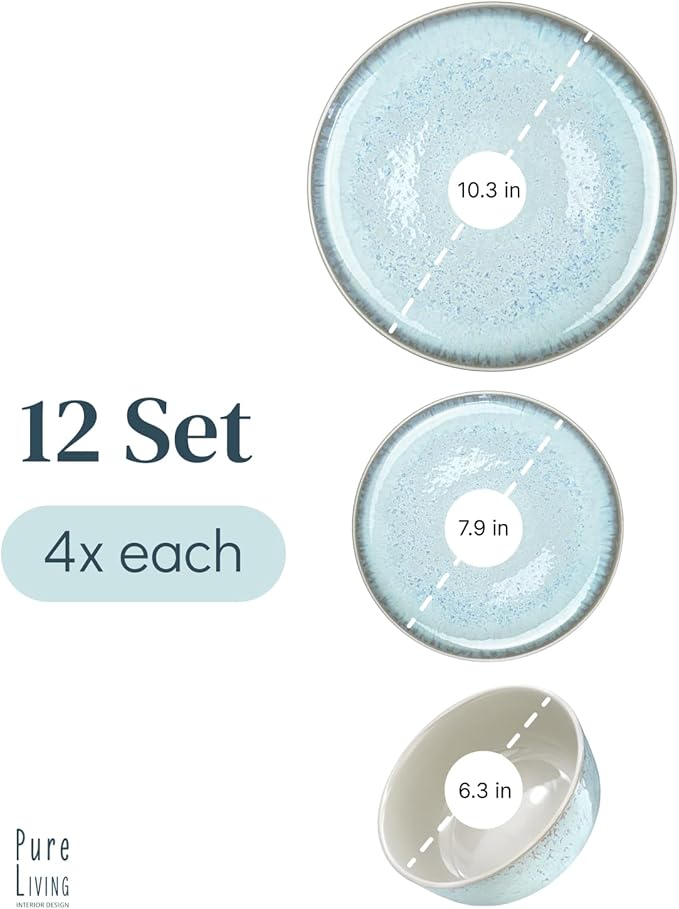 12 Piece Dinnerware Sets for 4 - Modern Style Stoneware Dinnerware Set - Scratch Resistant, Dishwasher, Microwave Safe Plates and Bowls Sets Ceramic, Bowl and Plate Set - Beige and Light Blue…-HomvellaHome