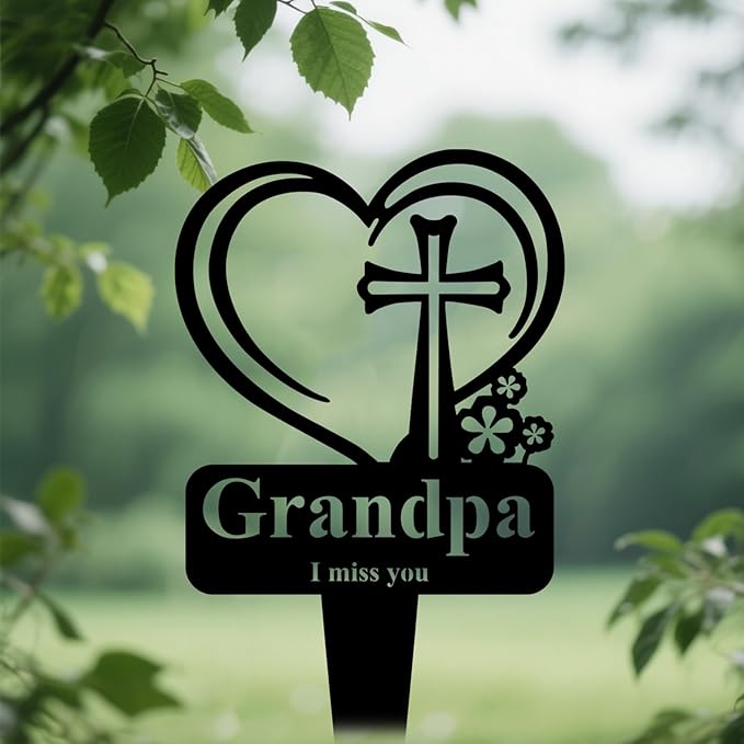 Grandpa Memorial Grave Stake, Cemetery Decorations for Grave Markers 12.5 x 7.2 inch Heart Metal Sympathy Stakes Graveside Plaque Decor Sign for Grandpa Graves, Yard, Garden - Black-Grandpa-HomvellaHome