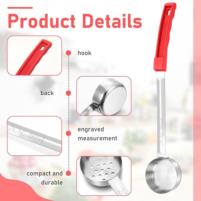 16 Pcs Portion Control Serving Spoons, Restaurant Measuring Serving Ladle Utensils, Portion Control Slotted Scoops for Weight Loss, Solid and Perforated Scoops(Red,2 oz)-HomvellaHome