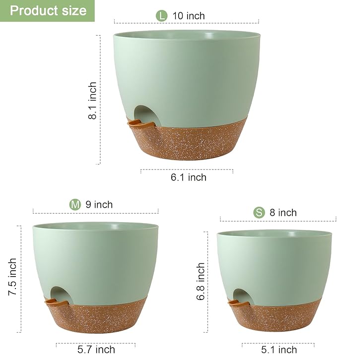 10/9/8 inch Self Watering Pots, Planter, Plant Pots with Mesh Drainage Holes for Indoor Outdoor Garden Plants, Plastic Flower Pots with Deep Reservoir for House Plants, Green with Brown-HomvellaHome