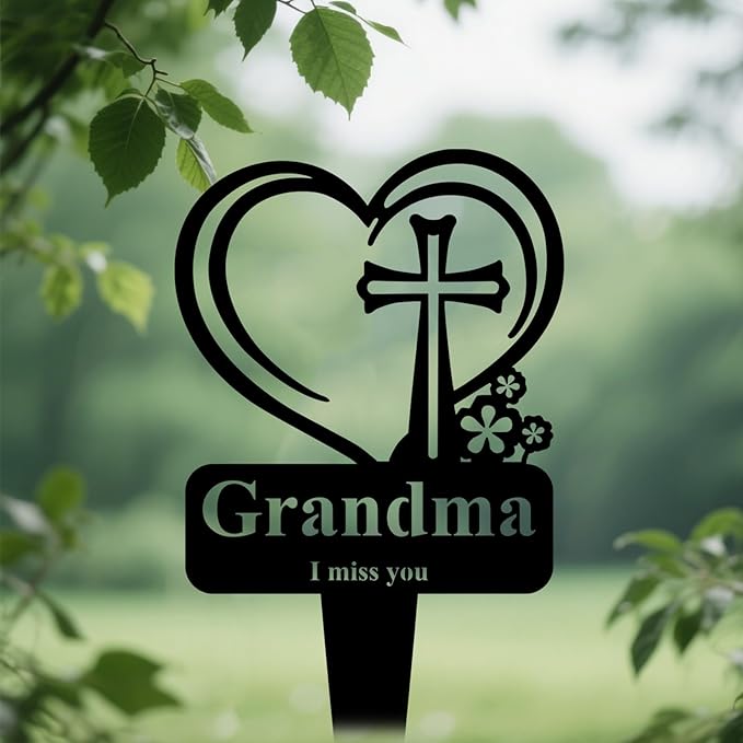 Grandma Memorial Grave Stake, Cemetery Decorations for Grave Markers 12.5 x 7.2 inch Heart Metal Sympathy Stakes Graveside Plaque Decor Sign for Grandma Graves, Yard, Garden - Black-Grandma-HomvellaHome