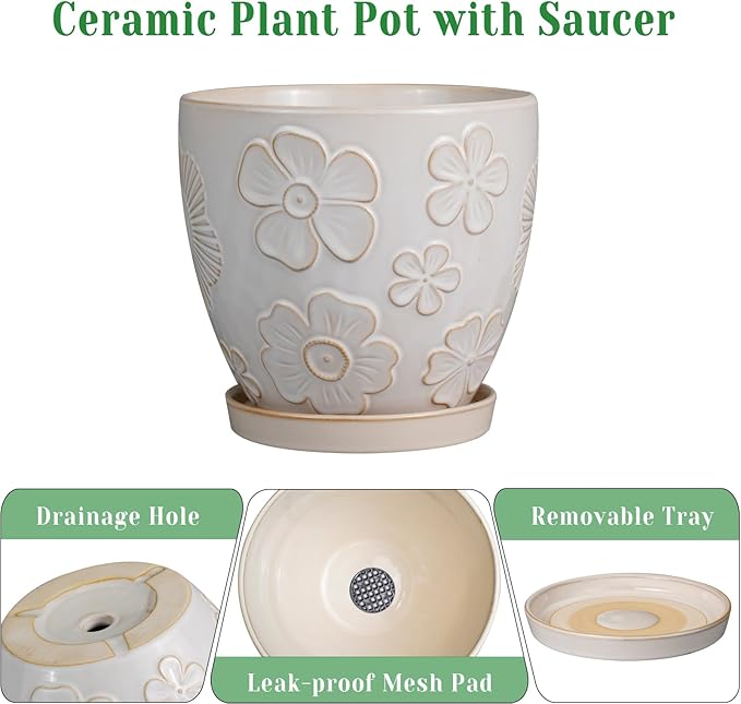10 Inch Ceramic Planter Pot Large Plant Pot for Indoor Plants Outdoor Round Flower Pot with Drainage Hole and Saucer for Home Garden Decor White-HomvellaHome