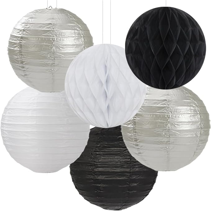 Black White Silver Party-Decorations Streamers-Lanterns - 14pc New Years Graduation 2025 Paper Fan, Bachelorette Birthday Wedding Baby Bridal Shower Tissue Pom Poms,Honeycomb Balls Decor Ouruola