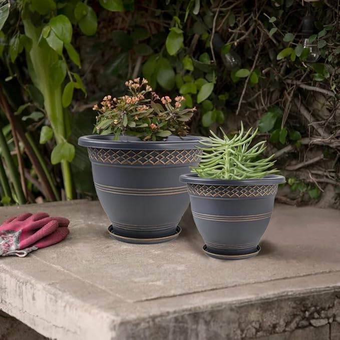 10 Inch 4 Pack Large Plant Pots, Plastic Flower Pot for Indoor & Outdoor with Drainage Holes & Saucer, Plaid Pattern Planters Garden Pots for Herbs-HomvellaHome