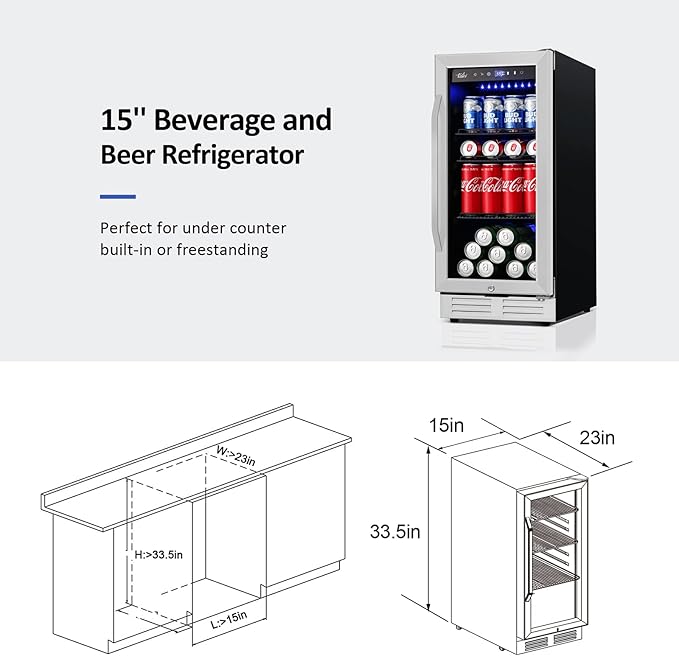 15'' Beverage Refrigerator and Beer Fridge Under Counter Built-in or Freestanding,127 Cans Beverage Cooler with Glass Door and Lock for Bottles and Cans Beer/Soda/Water/Wine-HomvellaHome
