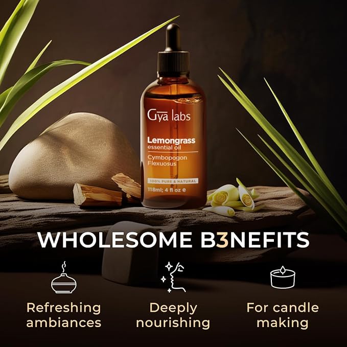 Gya Labs Lemongrass Essential Oil for Diffuser - Huge 4 Fl Oz - 100% Pure Natural Lemongrass Oil for Hair, Skin & Candle Making Scent-HomvellaHome