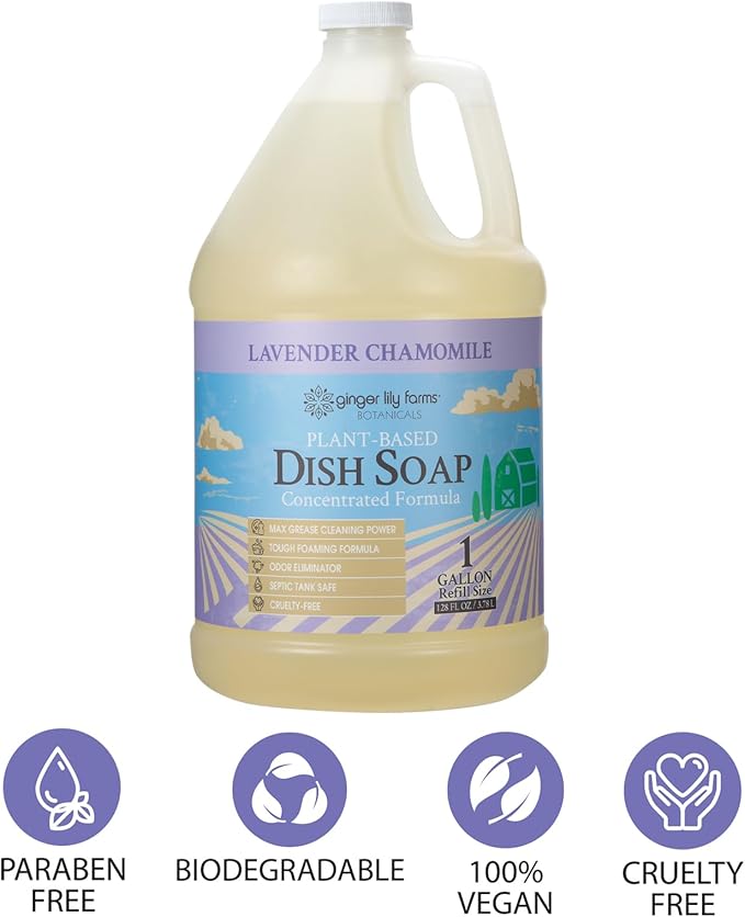 Ginger Lily Farms Botanicals Plant-Based Liquid Dish Soap, Concentrated Formula with Max Grease Cleaning Power, Cruelty-Free, Lavender Chamomile Scent, 1 Gallon Refill (128 Fl. Oz.)-HomvellaHome