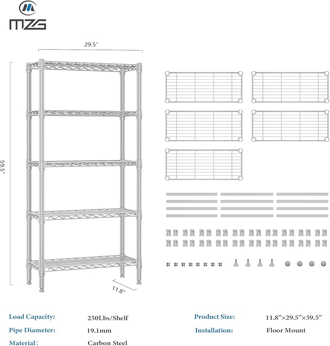 1250 lbs 5 Tier Shelf Metal Storage Shelves Wire Rack Closet Organizers for Garage Kitchen Bathroom Laundry White 11.8" D x 29.5" W x 59.5" H-HomvellaHome