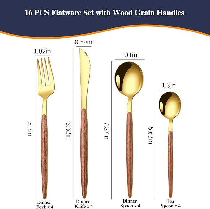 16 Pcs Gold Silverware Set with Simulated Wooden Handle for 4,Stainless Steel Cutlery Set,Mirror Polished Tableware Utensils Flatware Set,Include Knives Spoons and Forks set,Dishwasher Safe-HomvellaHome