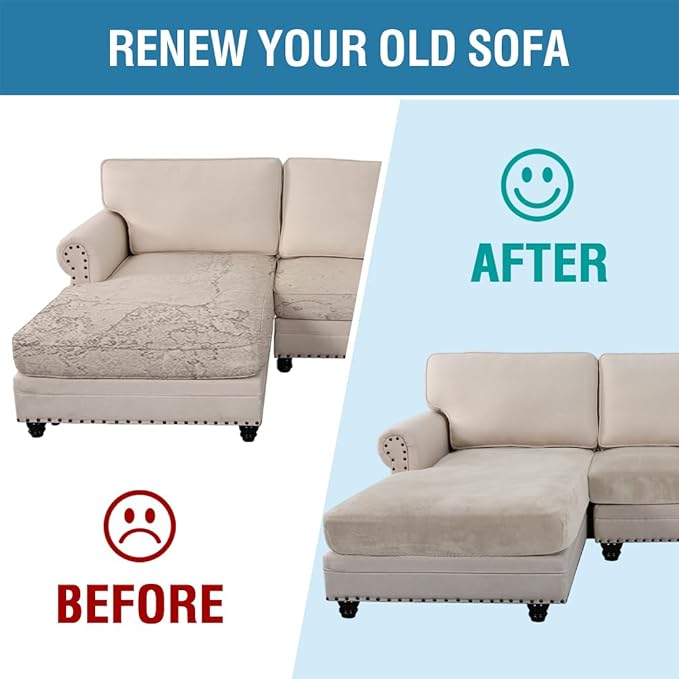 H.VERSAILTEX Velvet Stretch 3-Piece L Shape Sectional Couch Covers (Large 2 Seater + 1 Chaise, Oatmeal)-HomvellaHome