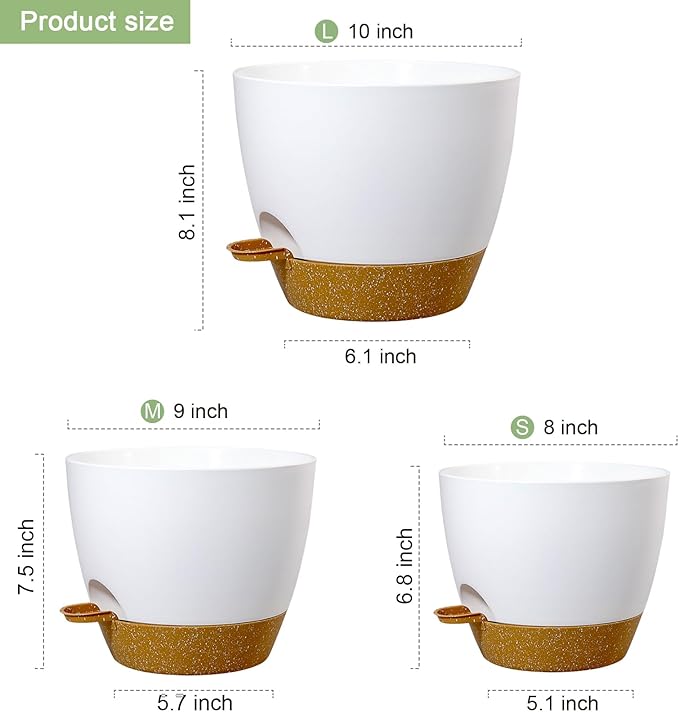 10/9/8 inch Medium Self Watering Pots, Planter, Plant Pots with Mesh Drainage Holes for Indoor Outdoor Garden Plants, Plastic Flower Pots with Removable Deep Reservoir, White with Brown-HomvellaHome