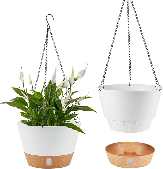 2 Pack 10 Inch Hanging Planters for Indoor Outdoor Plants, Hanging Plant Flower Pot Basket with Drainage Hole with Removable Tray&Hooks Self Watering Plant Pot for Hanging Plants, White-HomvellaHome