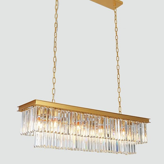 Gold Rectangle Crystal Chandelier, Modern Rectangular Pendant Ceiling Hanging Linear Chandeliers Light Fixture for Dining Room, Kitchen Island, Bar, 14-Light 59 Inches-HomvellaHome