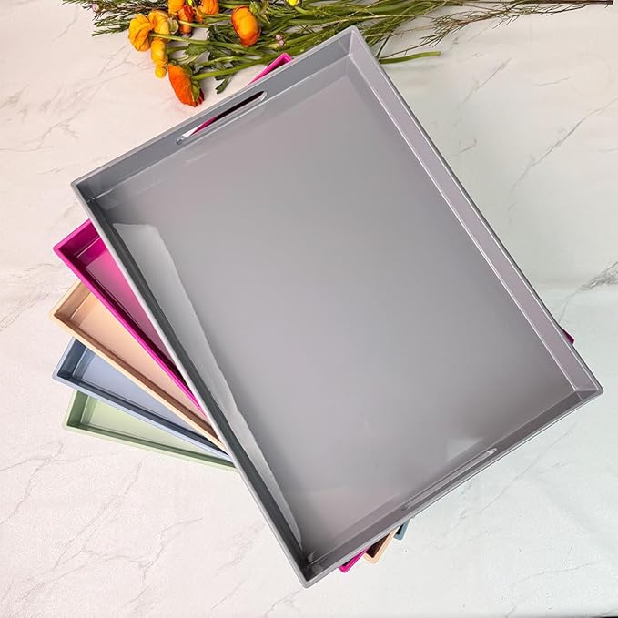 Grey Decorative Tray, Rectangular Large Serving Tray with Handles, Plastic Coffee Table Tray for Ottoman, Living Room, Kitchen Tabletop, 15.7” x 11.8” x1.6”-HomvellaHome