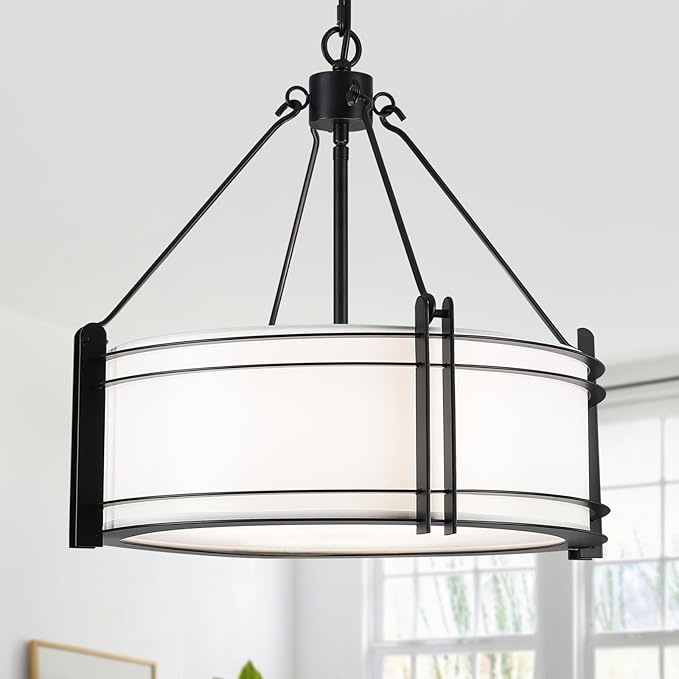 16.3''Black Drum Chandelier 3-Light Modern Farmhouse Chandelier with White Fabric Shade Adjustable Drum Pendant Light Fixture for Dining Room Kitchen Island Hallway Living Bedroom-HomvellaHome