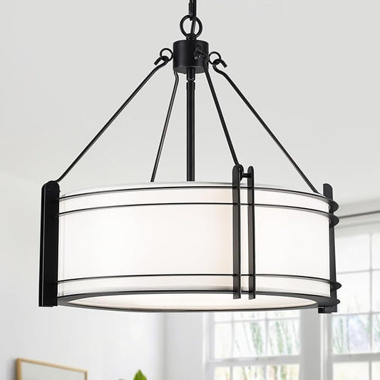 16.3''Black Drum Chandelier 3-Light Modern Farmhouse Chandelier with White Fabric Shade Adjustable Drum Pendant Light Fixture for Dining Room Kitchen Island Hallway Living Bedroom-HomvellaHome