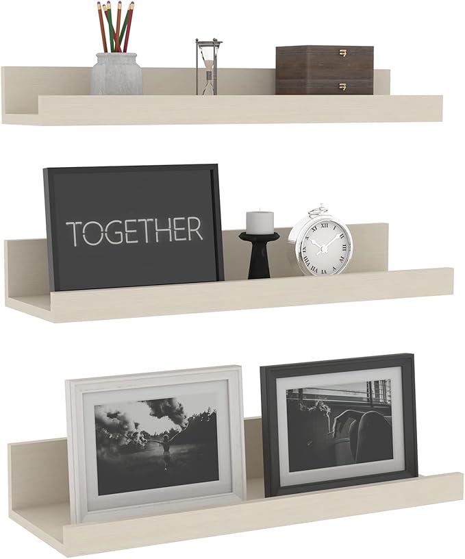 Giftgarden 16 Inch Floating Shelves Wall Mounted, Creamy White Beige Wood-Grain Wooden Ledge Shelf for Bathroom Bedroom Living Room Kitchen Nursery, Set of 3 Different Sizes-HomvellaHome