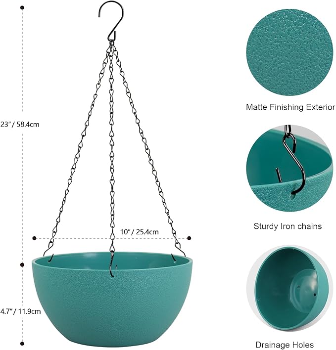 10 inch Hanging Planters for Indoor Outdoor Plants, 2 Pack Hanging Flower Pots with Drainage Holes and Chain for Garden Porch, Plastic Hanging Baskets for House Plants, Blue Green-HomvellaHome