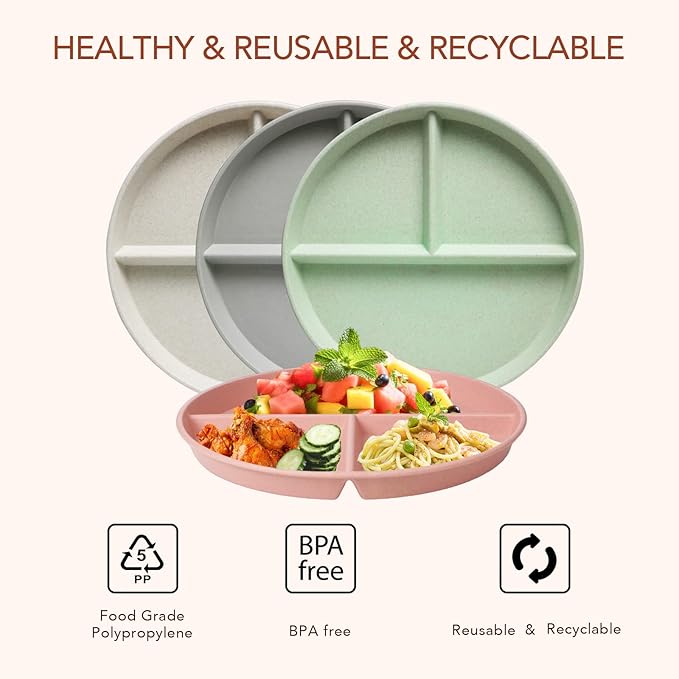 greenandlife 9 Inch (4PCS) Unbreakable Divided Plates for Kids Adults, Dishwasher & Microwave Safe Compartment Plate, Lightweight Reusable Plastic Portion Control Plates, BPA Free and Healthy-HomvellaHome