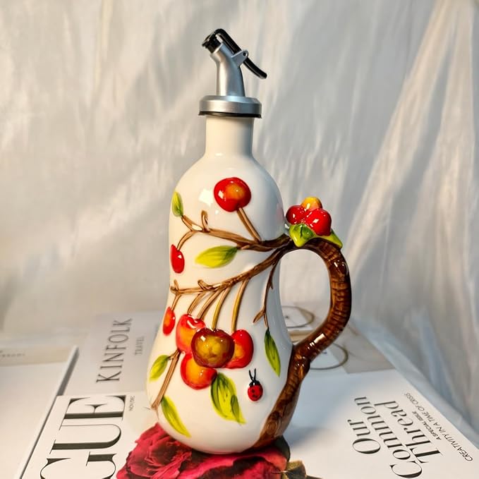 18 Oz Hand Painted Relief Ceramic Olive Oil Bottle Dispenser for Kitchen, Oil and Vinegar Bottle, Seasoning Bottle with Stainless Steel Nozzle, 540mL Oil Container with Handle for Cooking, Light Proof-HomvellaHome