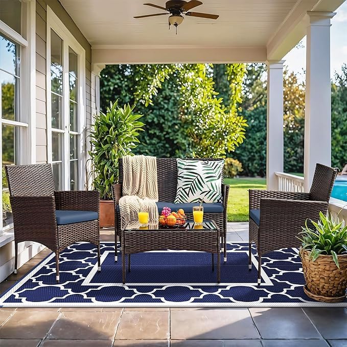 GENIMO Outdoor Rug Waterproof for Patio Decor, 5'x8' Reversible Plastic Straw Rug Carpet, Camping Mats for Outdoor, RV, Backyard, Deck, Balcony, Picnic, Blue & White-HomvellaHome