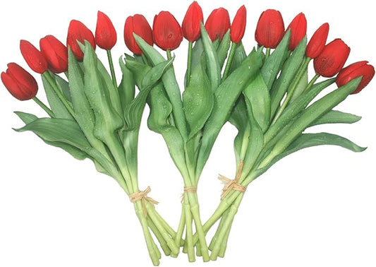 15pcs Artificial Tulips Flowers, Fake Tulips Real Touch, Faux Latex Bouquets, for Party Wedding Home Room Decoration (Red)-HomvellaHome